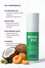 Olivia + Eve cream bottle with key ingredients listed on a white background