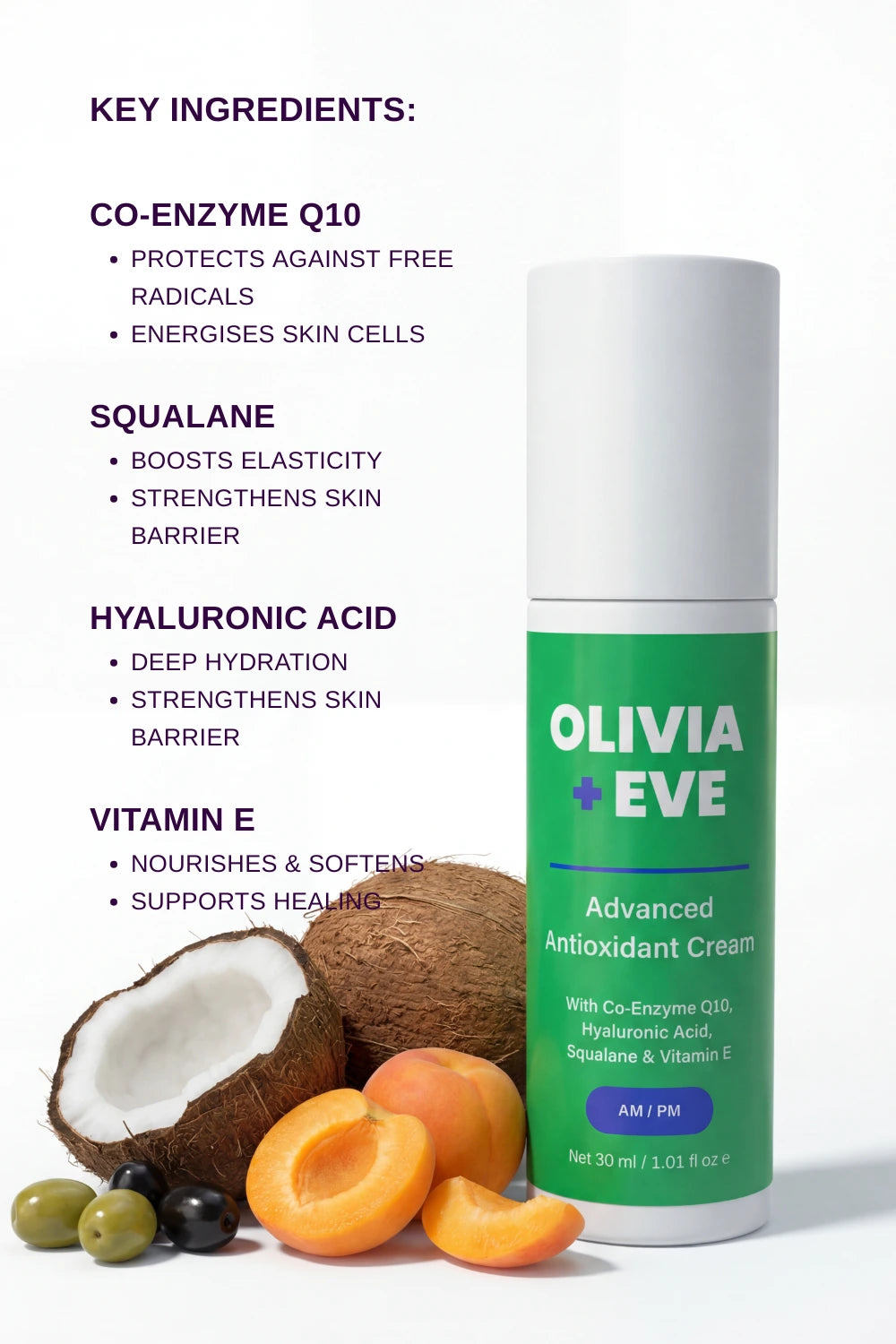 Olivia + Eve cream bottle with key ingredients listed on a white background