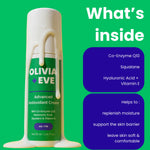 Olivia + Eve Advanced Antioxidant Cream bottle on a bright green background with white text reading 'What's inside' and purple informational callouts listing ingredients and benefits.