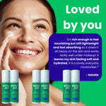 Promotional skincare graphic featuring a smiling woman applying cream to her face, six bottles of Olivia + Eve Advanced Moisturiser shown at the bottom, and a purple quote box on a bright green background with the text 'Loved by you'.