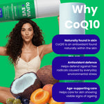 Promotional graphic for Olivia + Eve CoQ10 cream featuring a woman holding a tube against a bright green background, with text callouts about CoQ10 benefits and fruit props in the foreground.