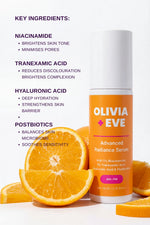 Olivia + Eve Advanced Radiance Serum with key ingredients listed and oranges in the background