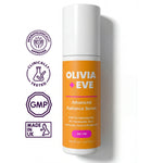 Olivia + Eve Advanced Radiance Serum in a white cylindrical bottle with an orange label, shown on a white background with four purple certification badges on the left: dermatologically approved, clinically tested, GMP, and made in UK.