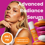 A promotional graphic for Olivia + Eve Advanced Radiance Serum. A blonde woman is shown on the left against a bright pink background, with the product bottle on the right and stacked orange, pink, and white pills on the far right.