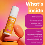 Olivia + Eve Advanced Radiance Serum bottle displayed on a colorful gradient background with decorative peach and orange stones, alongside text detailing the ingredients and benefits.