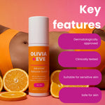 Olivia + Eve Advanced Radiance Serum bottle centered on a pink and orange promotional graphic with a cropped model in an orange top, sliced oranges, and feature callouts including 'Dermatologically approved,' 'Clinically tested,' 'Suitable for sensitive skin,' and 'Safe for skin.'.