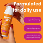 A hand holds an orange and white pump bottle of Olivia + Eve Advanced Radiance Serum against a bright orange background with large white text reading 'Formulated for daily use' and three purple callout boxes with usage instructions.