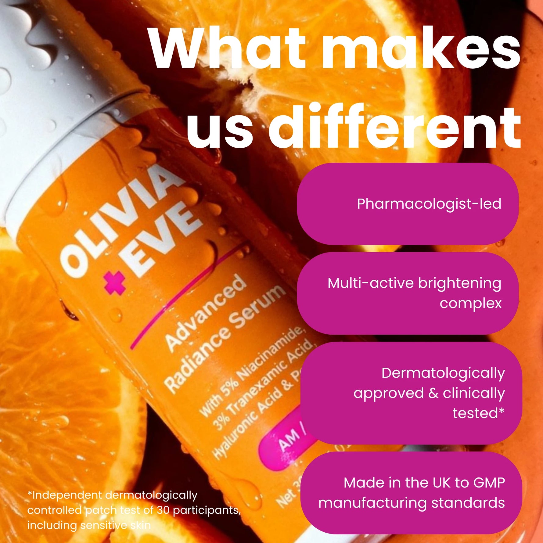 Promotional graphic for the Olivia + Eve Advanced Radiance Serum, featuring an orange bottle with white and pink text, set against a background of sliced oranges with water droplets. White and purple text overlays highlight key product features.