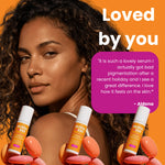 A promotional beauty ad with a woman on a bright orange background, three small orange-and-white serum bottles labeled OLIVA + EVE, peach-colored oval products, and a purple quote box with the text 'Loved by you' and a customer testimonial attributed to Aldona.