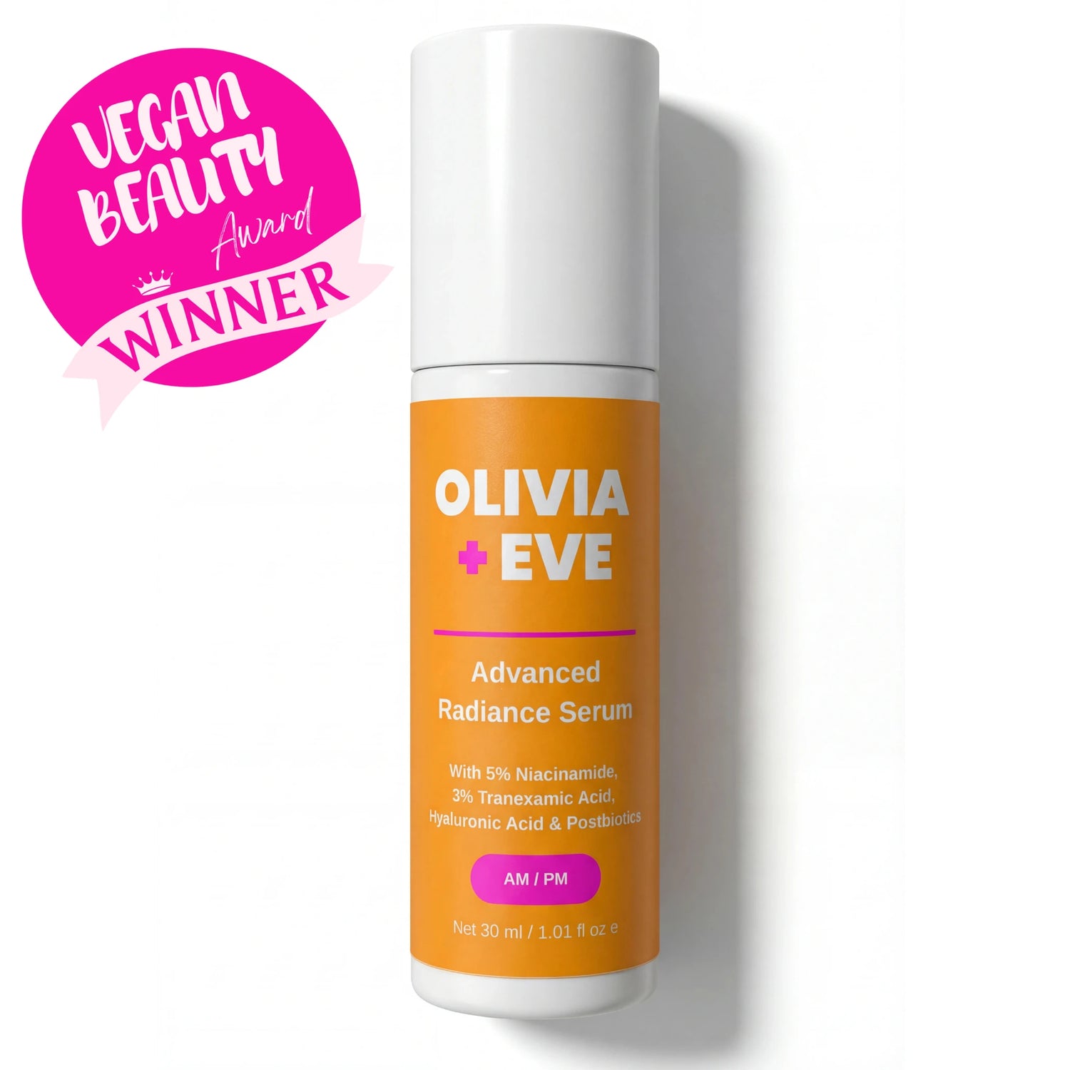 Olivia + Eve Advanced Radiance Serum in a white cylindrical bottle with an orange label, shown on a white background with a pink 'Vegan Beauty Award Winner' badge in the top left corner.