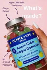 Jar of Olivia + Eve Apple Cider Vinegar Gummies with text on a pink background