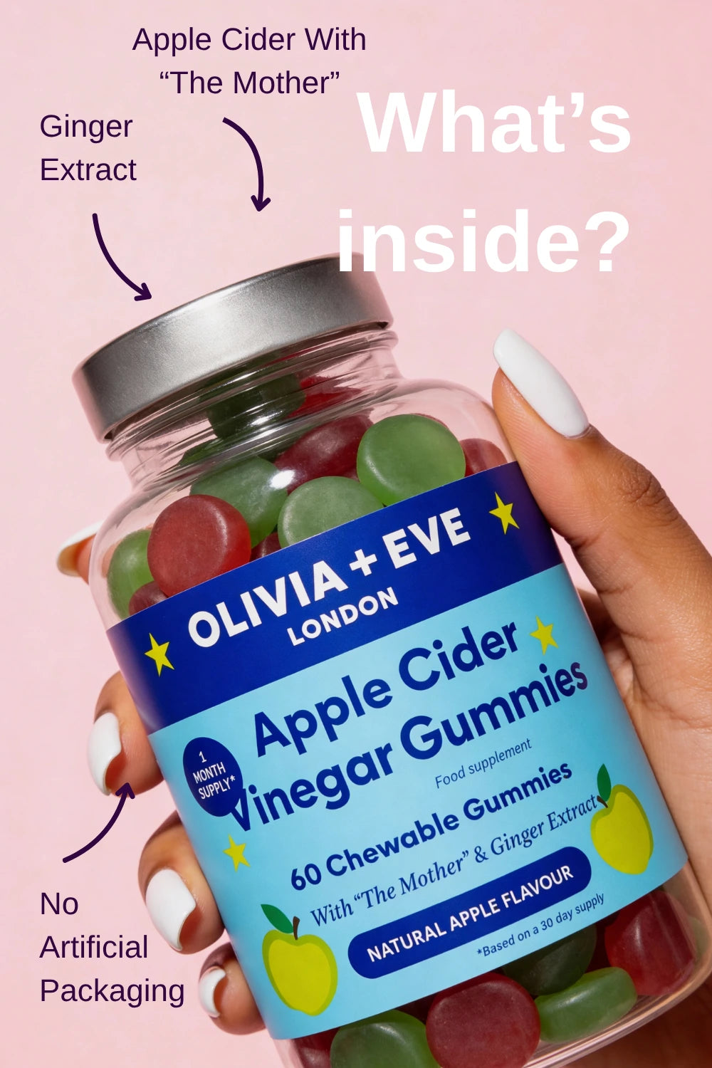Jar of Olivia + Eve Apple Cider Vinegar Gummies with text on a pink background
