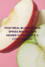 Sliced apple with text about post-meal blood sugar spikes on a pink background