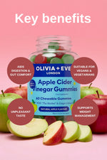 Olivia + Eve Apple Cider Vinegar Gummies with text on key benefits on a pink background