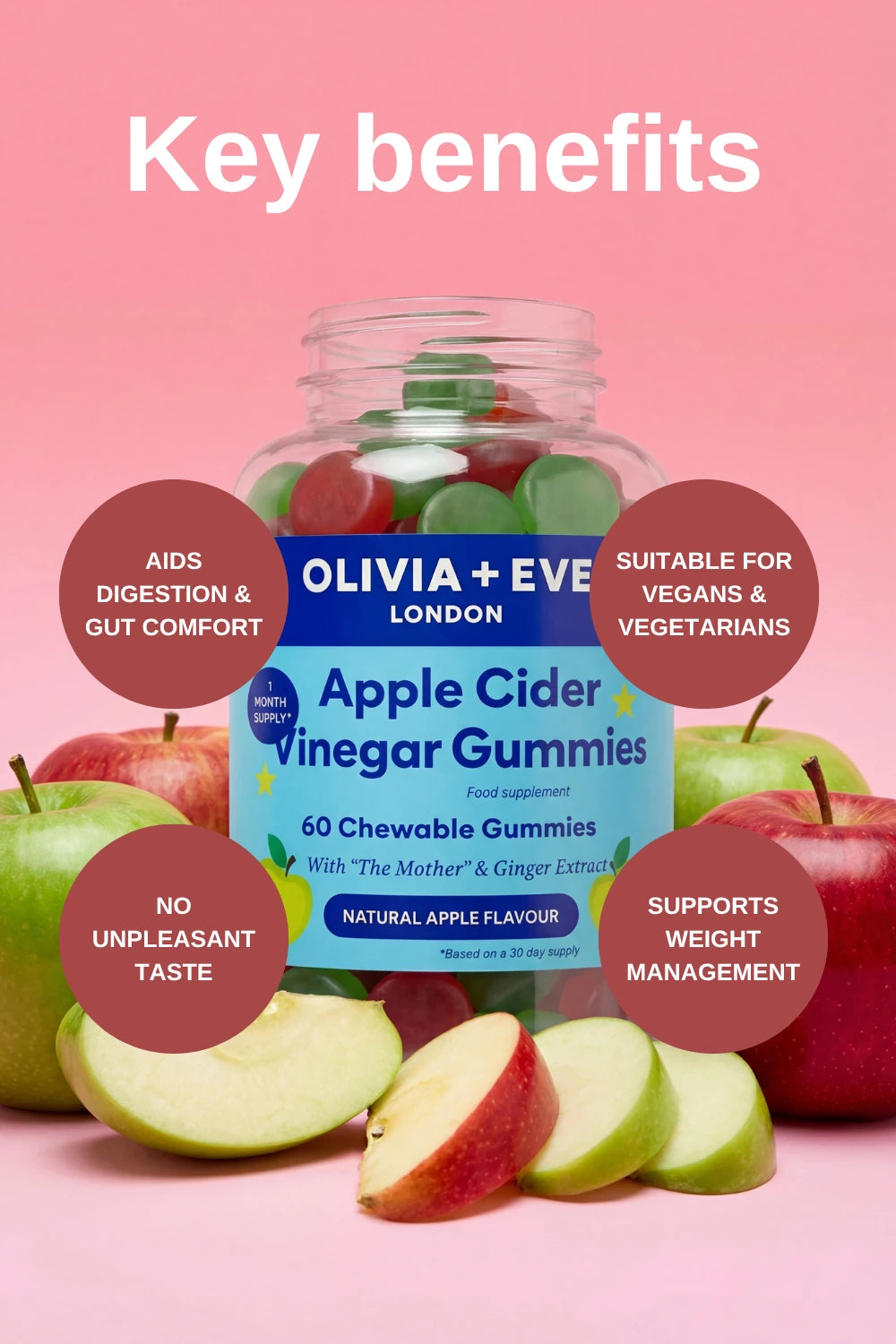 Olivia + Eve Apple Cider Vinegar Gummies with text on key benefits on a pink background