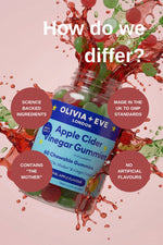 Olivia + Eve Apple Cider Vinegar Gummies with product details on a pink background