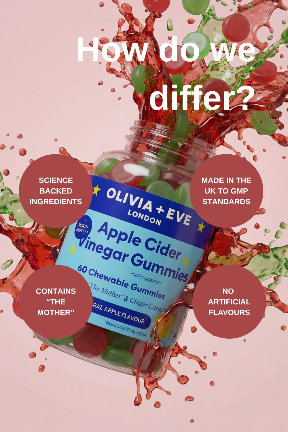 Olivia + Eve Apple Cider Vinegar Gummies with product details on a pink background