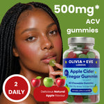 Olivia + Eve Apple Cider Vinegar Gummies bottle shown next to a woman holding a green gummy, with text reading 500mg ACV gummies, 2 daily, and apple flavor on a green background.