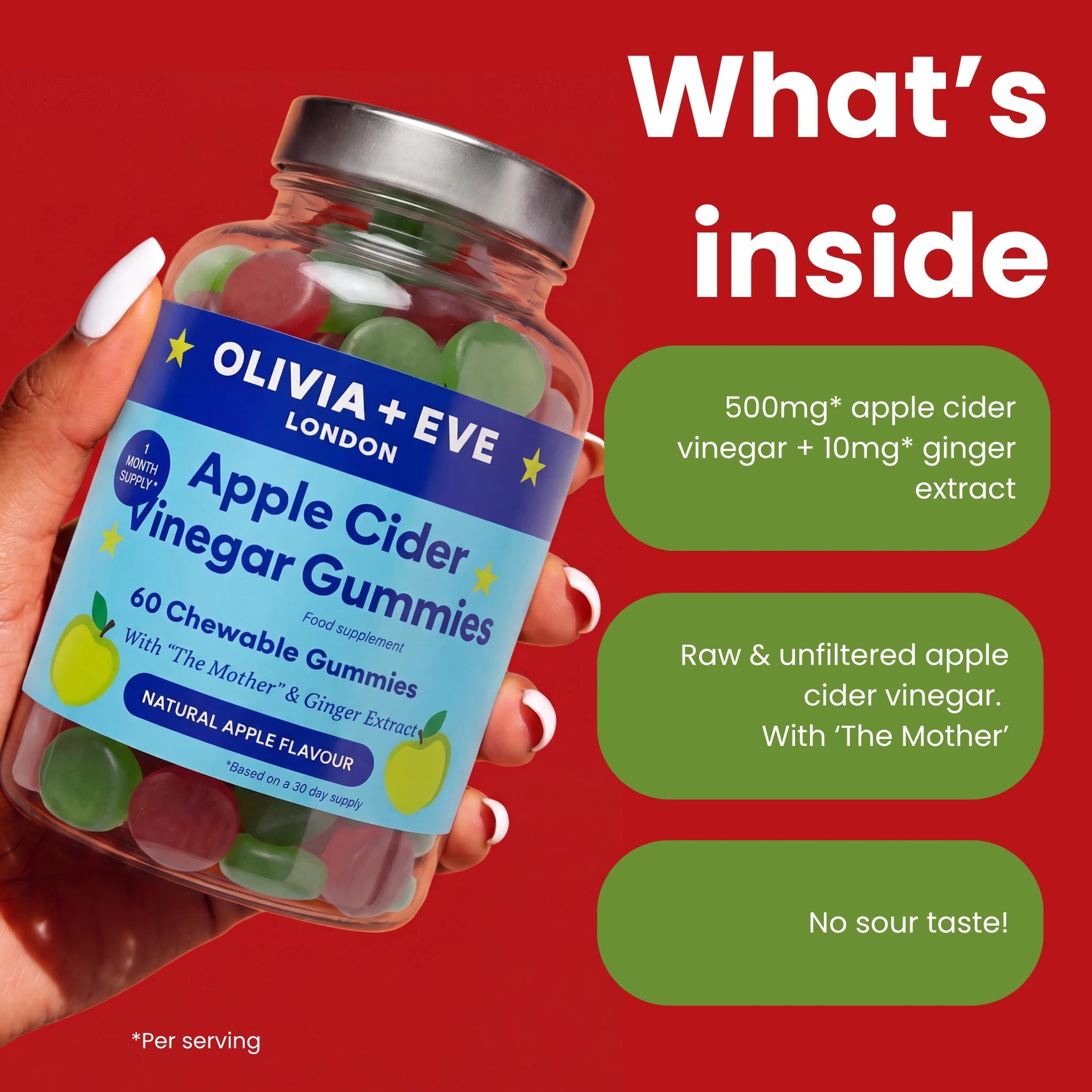 A hand holds a jar of Olivia + Eve Apple Cider Vinegar Chewable Gummies against a bright red background with white and green text callouts describing the ingredients and benefits.