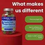 A bottle of Olivia + Eve London Apple Cider Vinegar Chewable Gummies on a red background with promotional text and green callout bubbles describing product benefits.