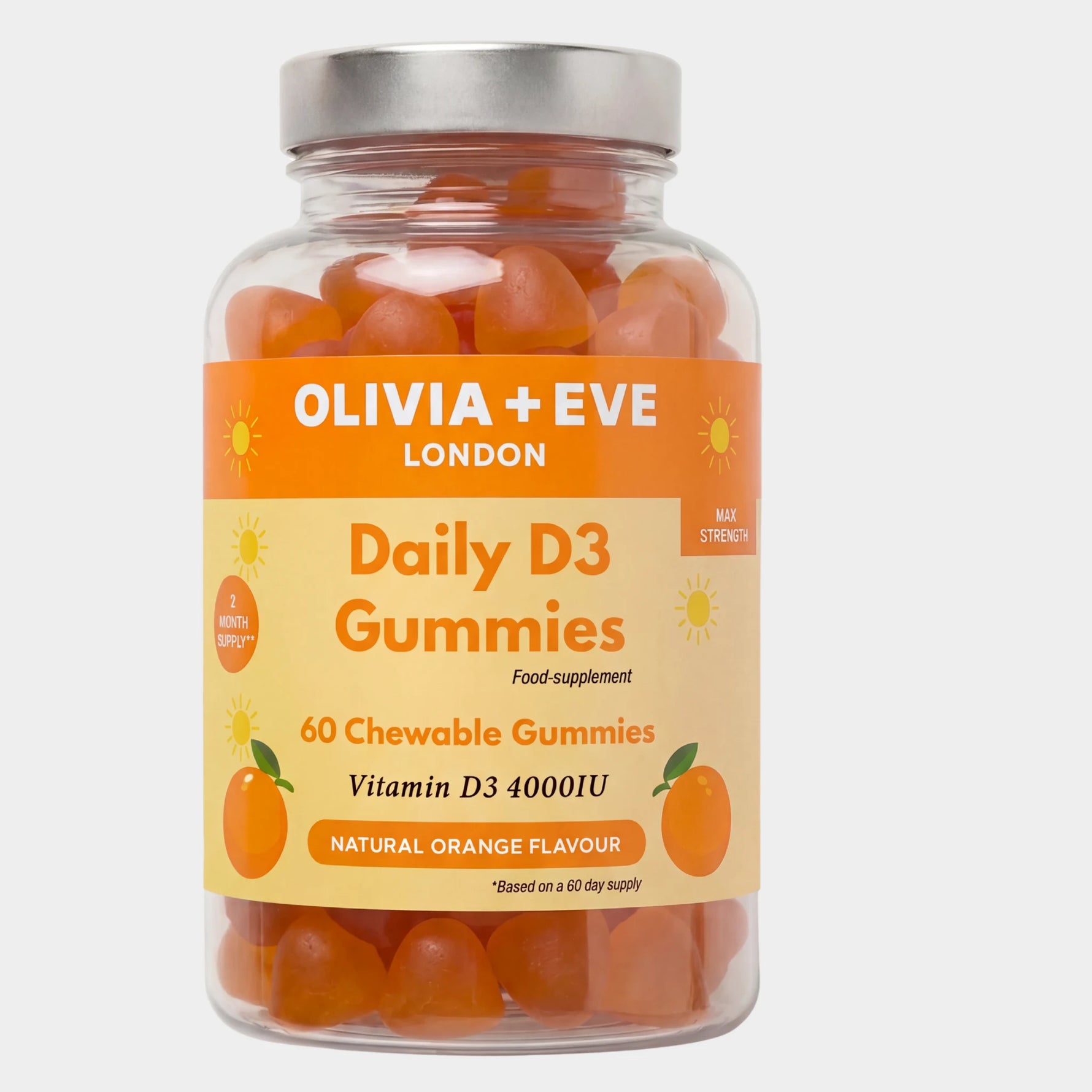 A clear plastic bottle of Olivia + Eve Daily D3 Gummies with a silver cap and a yellow-orange label, containing orange-colored chewable gummies, shown on a light gray background.