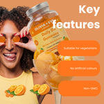 A promotional graphic for Olivia + Eve Daily D3 Gummies, showing a woman holding the jar, a glass of gummy bears, and orange slices on a peach background with feature callouts.