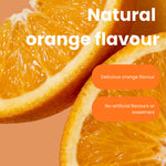 Close-up of orange slices with overlaid text reading 'Natural orange flavour' and two orange pill-shaped badges that say 'Delicious orange flavour' and 'No artificial flavours or sweeteners'. Olivia + Eve Daily D3 Max Gummies 4000 IU