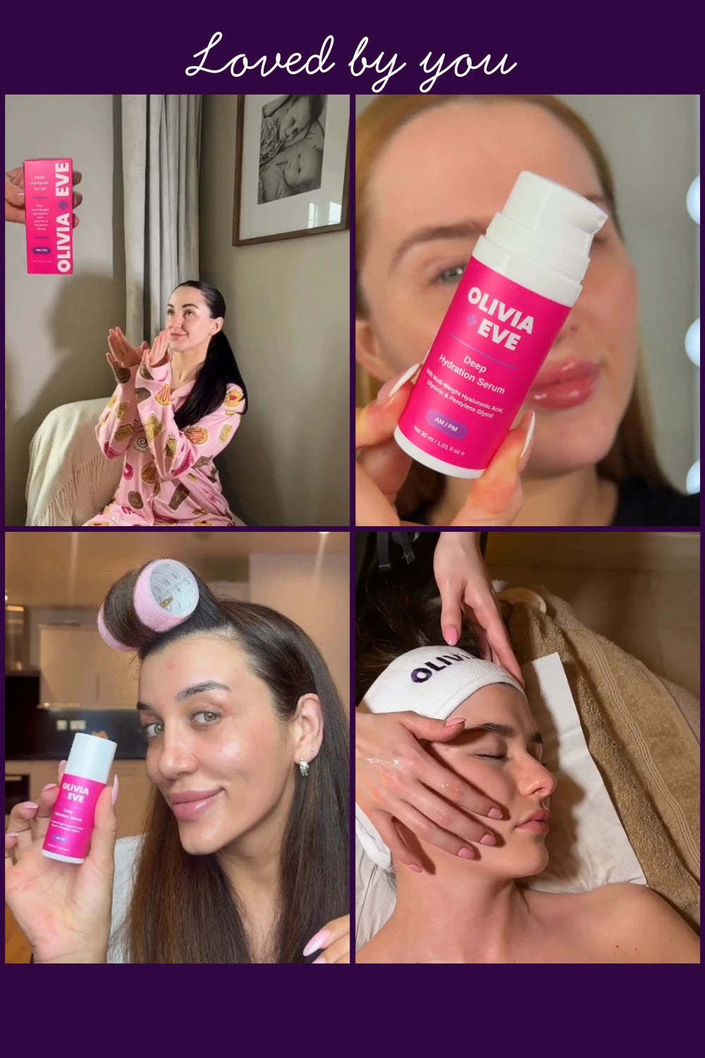 Collage of people using Olivia + Eve skincare products with a purple border and text.