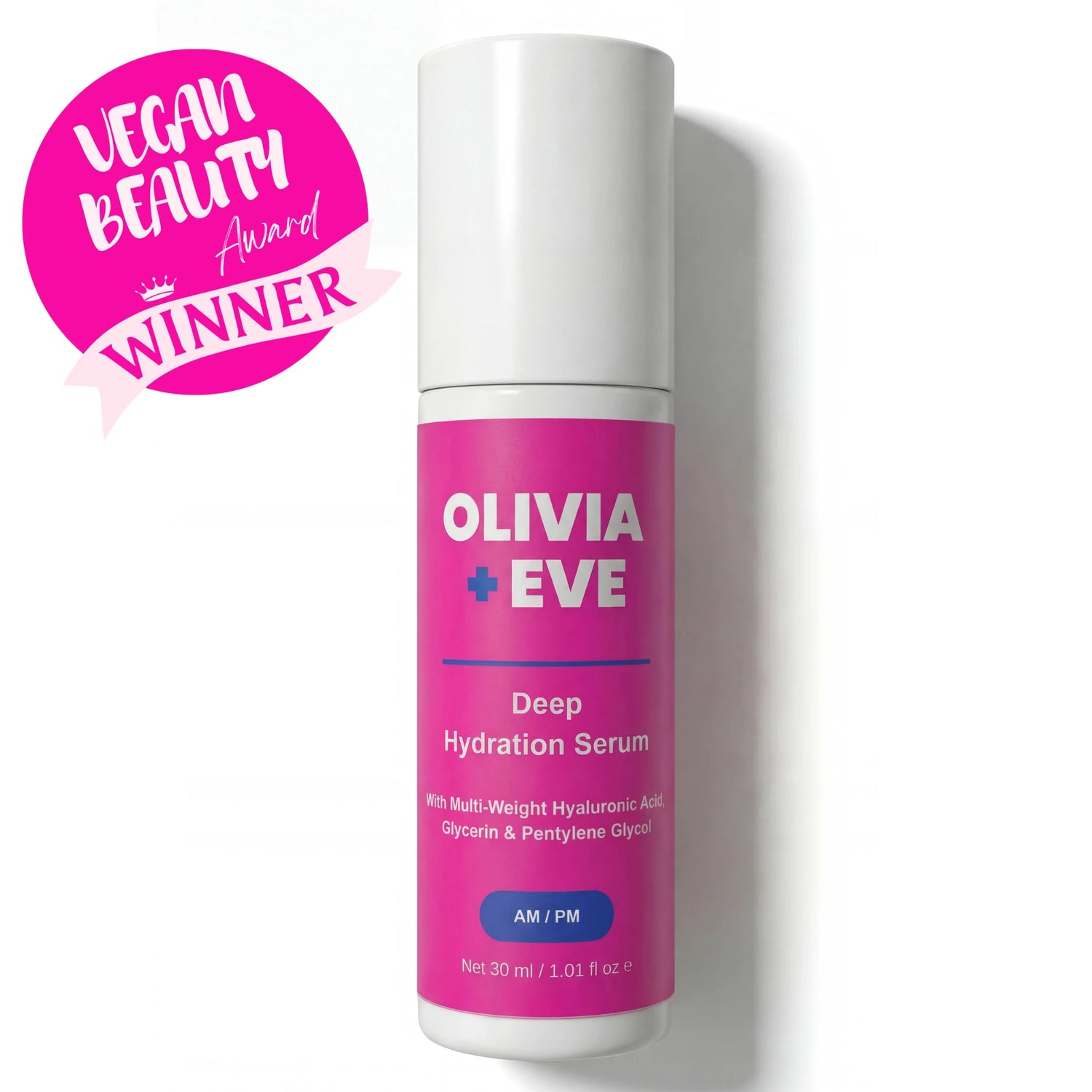 Olivia + Eve Deep Hydration Serum in a white bottle with a vibrant pink label, shown on a white background with a pink 'Vegan Beauty Award Winner' badge in the top left corner.