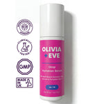 Olivia + Eve Deep Hydration Serum in a white cylindrical bottle with a bright pink label, shown on a white background with four purple certification badges on the left: dermatologically approved, clinically tested, GMP, and made in UK.