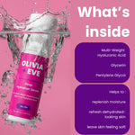 Olivia + Eve Deep Hydration Serum bottle shown in a splash of water on a pink background, with text reading 'What's inside' and ingredient callouts on the right.