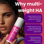 A close-up of a woman holding a bottle of Olivia + Eve Deep Hydration Serum against a pink background with promotional text explaining the benefits of multi-weight HA.