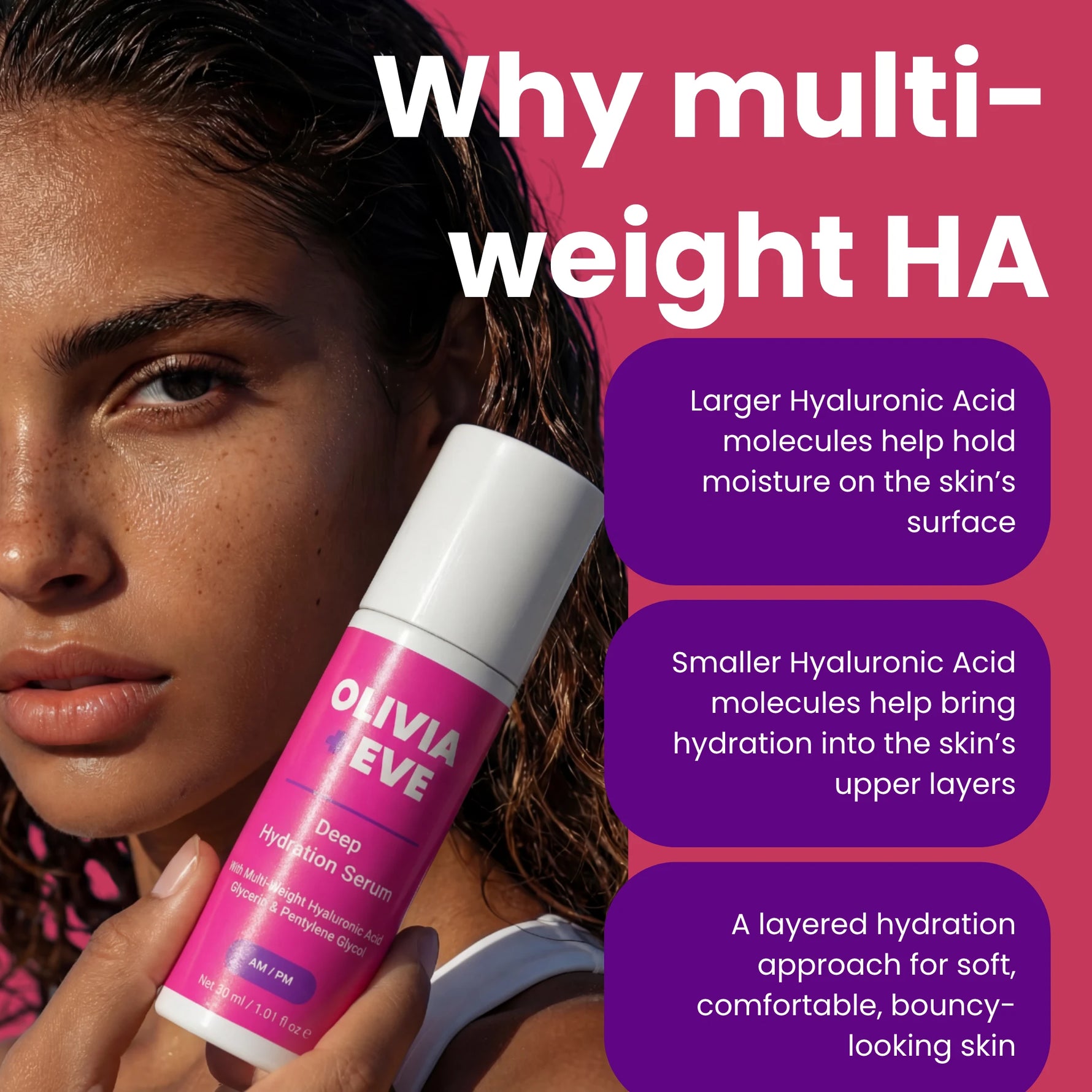 A close-up of a woman holding a bottle of Olivia + Eve Deep Hydration Serum against a pink background with promotional text explaining the benefits of multi-weight HA.