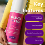 A person holding a pink and white bottle of Olivia + Eve Deep Hydration Serum, with large text reading 'Key features' and four purple callout boxes listing dermatologically approved, clinically tested, suitable for sensitive skin, and safe for skin.