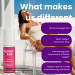 Olivia + Eve Deep Hydration Serum bottle shown next to a reclining woman in a bathroom-like setting with water running, plus large marketing text and purple callout bubbles describing product features.