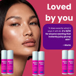 Promotional graphic for Olivia + Eve skin serum with a close-up of a woman's face on the left, several small bottles of serum at the bottom, and large text reading 'Loved by you' plus a purple quote box on a pink background.