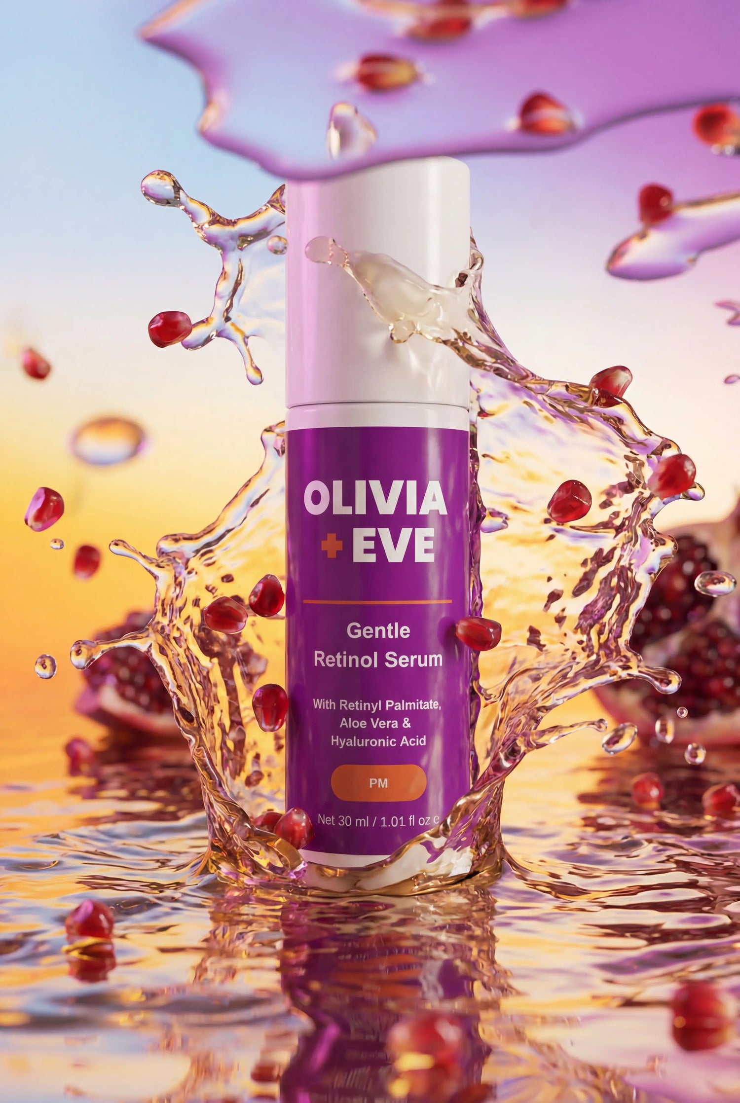 Olivia + Eve Gentle Retinol Serum with pomegranate seeds and water droplets on a colourful background