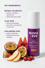 Olivia + Eve Gentle Retinol Serum with key ingredients listed on a white background