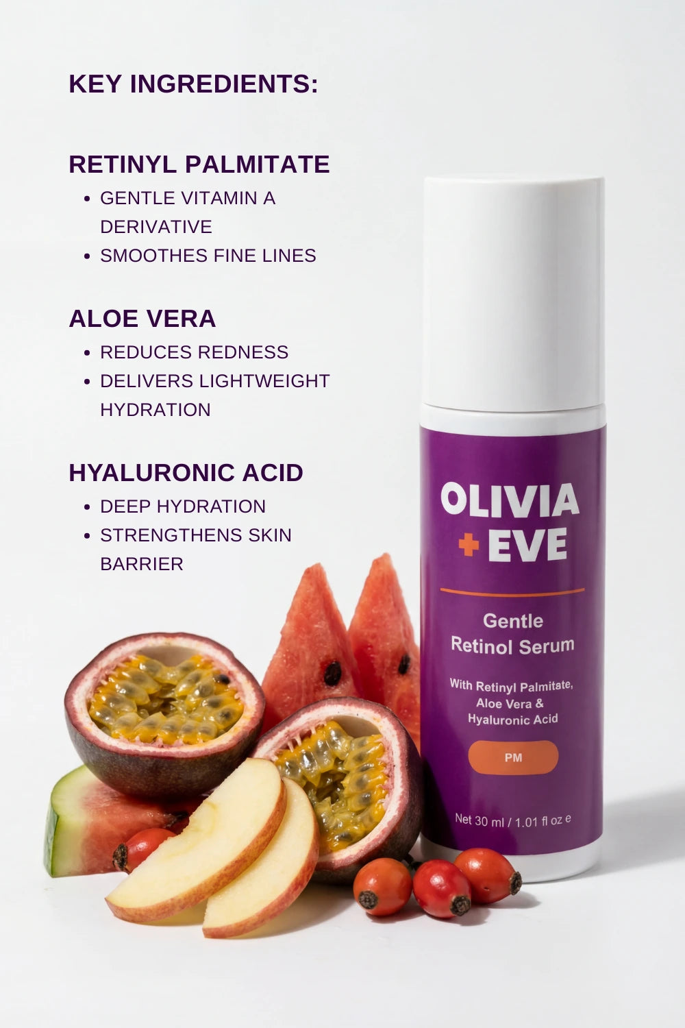 Olivia + Eve Gentle Retinol Serum with key ingredients listed on a white background