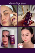 Collage of images featuring Olivia + Eve products with a woman applying the serum.