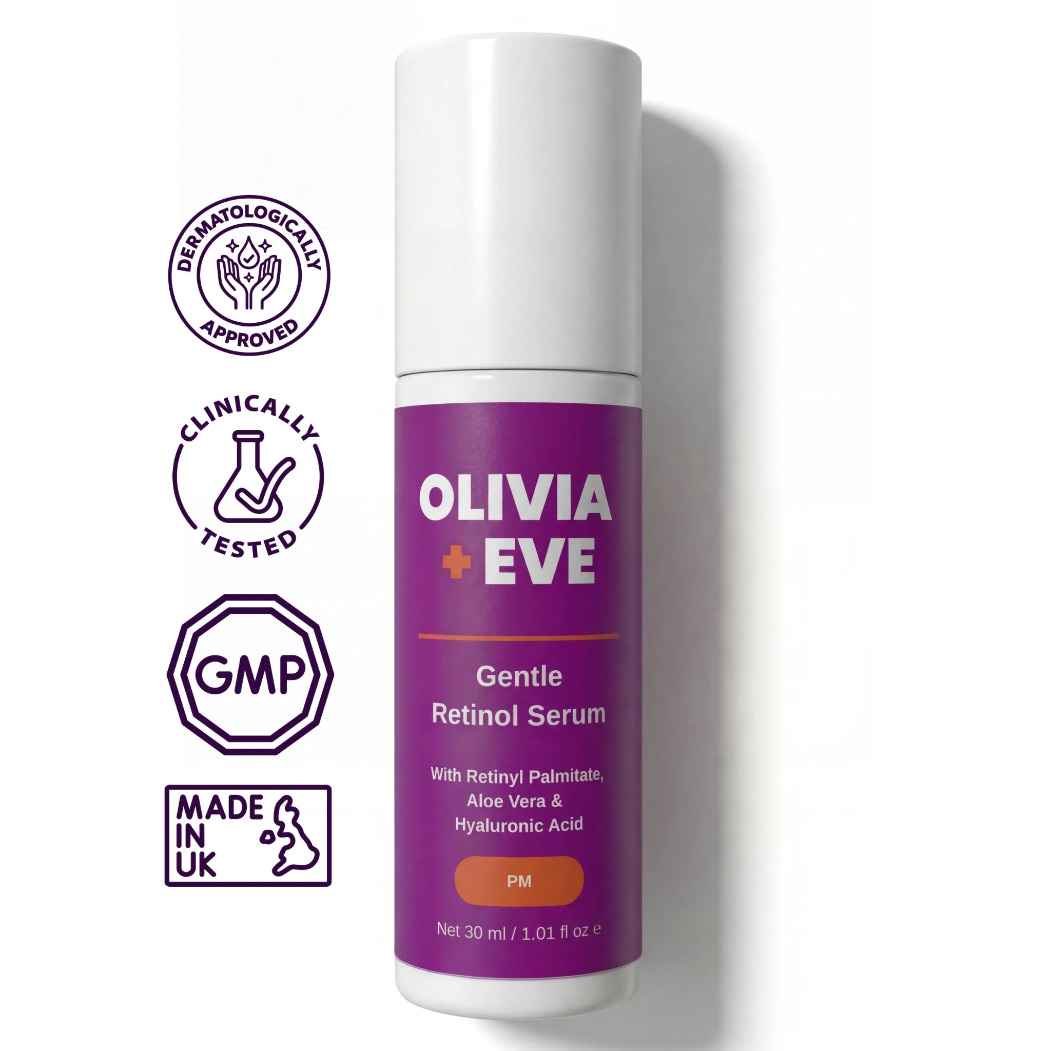 Olivia + Eve Gentle Retinol Serum in a white cylindrical bottle with a purple label, shown on a white background with four dark purple certification badges on the left side.
