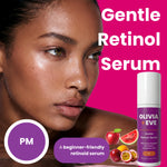 Olivia + Eve Gentle Retinol Serum bottle shown next to a close-up of a woman's face with glowing skin, set against a bright pink background with text reading 'Gentle Retinol Serum' and fruit illustrations.