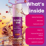 Olivia + Eve Gentle Retinol Serum bottle shown in a promotional graphic with a liquid splash background and text panels describing ingredients and benefits.