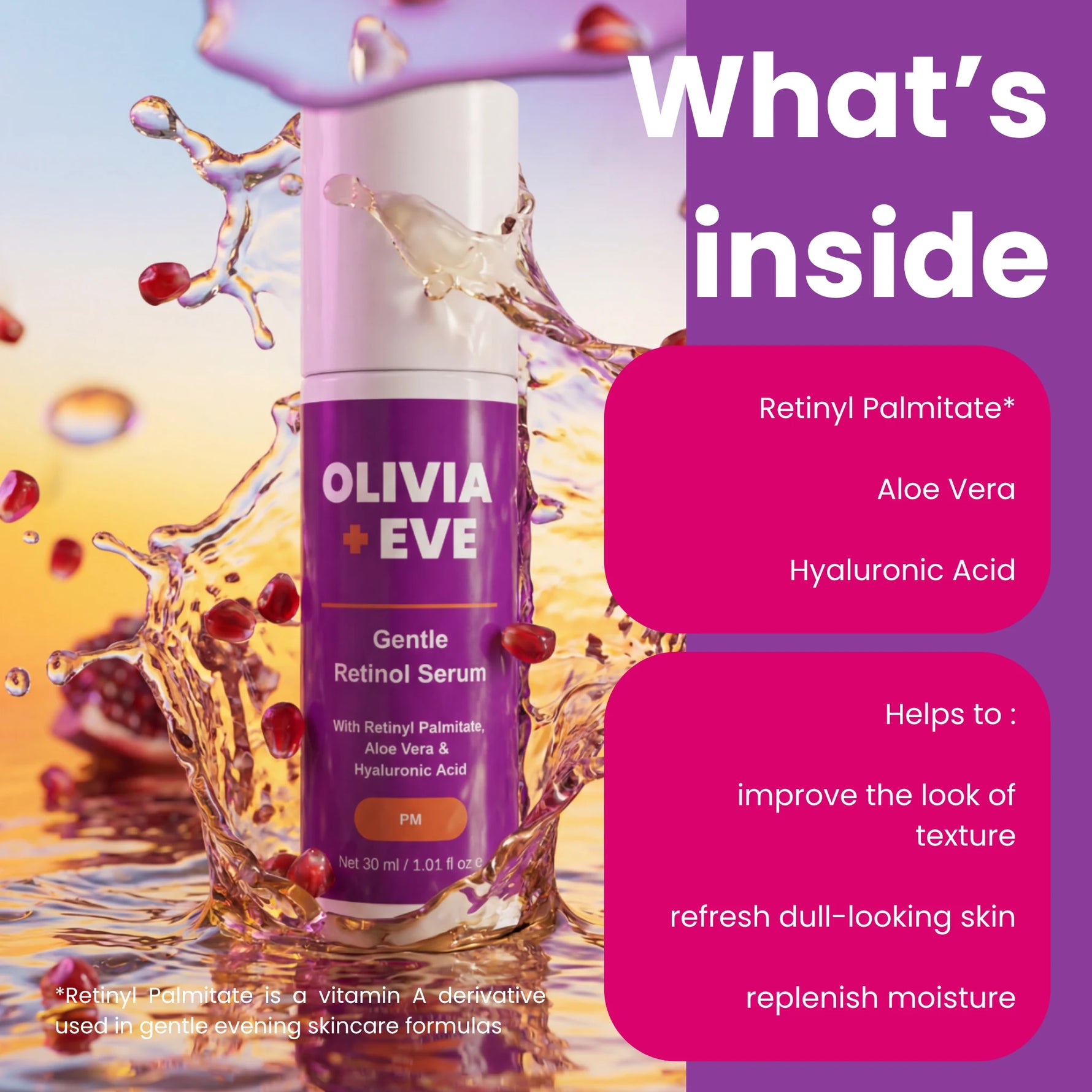Olivia + Eve Gentle Retinol Serum bottle shown in a promotional graphic with a liquid splash background and text panels describing ingredients and benefits.