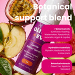 Botanical support blend Gentle Retinol Serum by Olive + Eve, shown in a purple pump bottle surrounded by fresh fruit slices including passionfruit, apple, and watermelon on a pink background with text overlays detailing its ingredients.