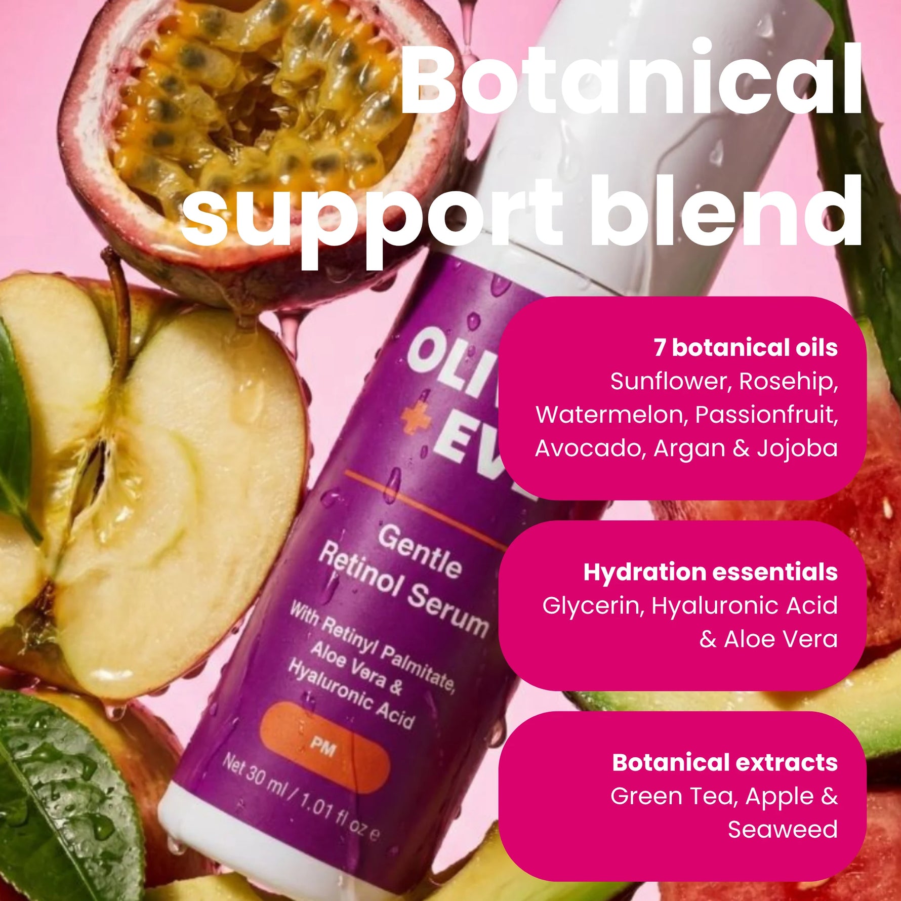 Botanical support blend Gentle Retinol Serum by Olive + Eve, shown in a purple pump bottle surrounded by fresh fruit slices including passionfruit, apple, and watermelon on a pink background with text overlays detailing its ingredients.