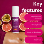 Olivia + Eve Gentle Retinol Serum bottle displayed on a person's chest with fruit slices in the background and marketing text listing key features.