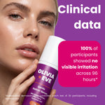 A close-up of a woman holding an Olivia + Eve Gentle Retinol Serum bottle against a purple background with text reading 'Clinical data' and '100% of participants showed no visible irritation across 96 hours'.