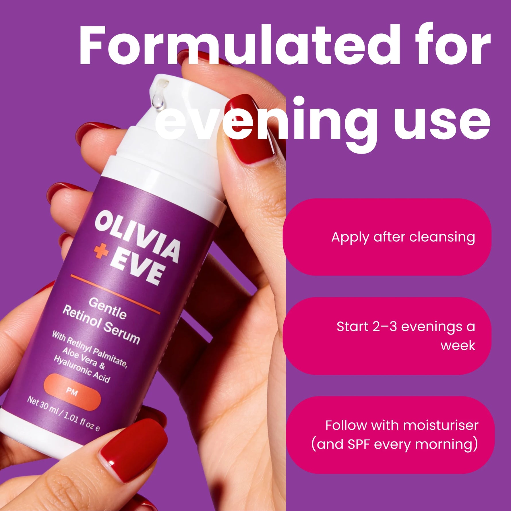 A hand holding a purple bottle of Olivia + Eve Gentle Retinol Serum against a purple graphic background with white text reading 'Formulated for evening use' and three pink callout boxes with application instructions.