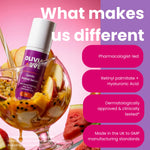 Olivia + Eve Gentle Retinol Serum bottle displayed in a glass of fruit and juice, with promotional text on a pink and purple background.